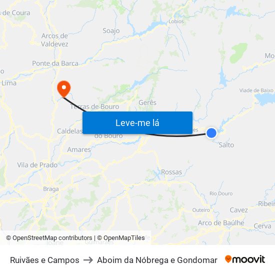 Ruivães e Campos to Aboim da Nóbrega e Gondomar map