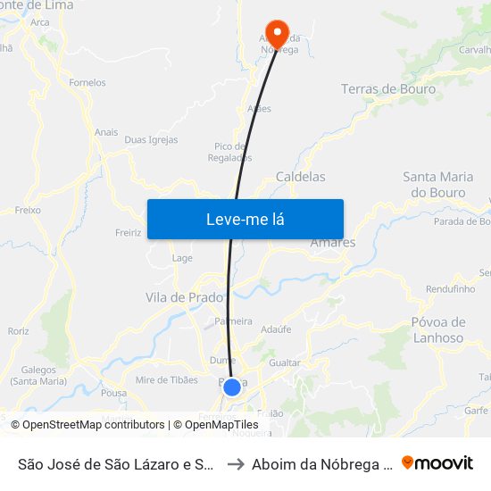 São José de São Lázaro e São João do Souto to Aboim da Nóbrega e Gondomar map