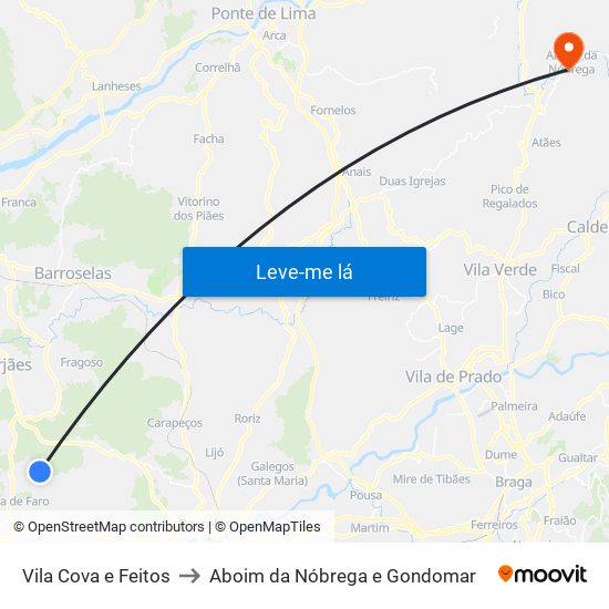 Vila Cova e Feitos to Aboim da Nóbrega e Gondomar map