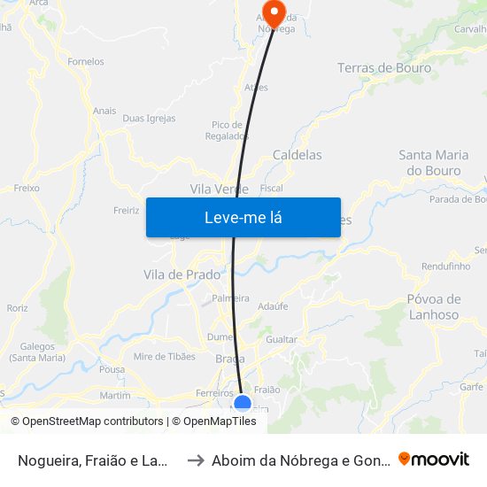 Nogueira, Fraião e Lamaçães to Aboim da Nóbrega e Gondomar map