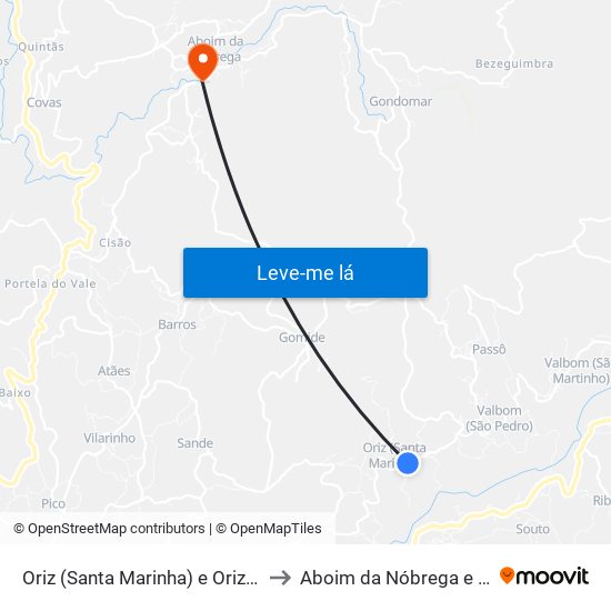 Oriz (Santa Marinha) e Oriz (São Miguel) to Aboim da Nóbrega e Gondomar map