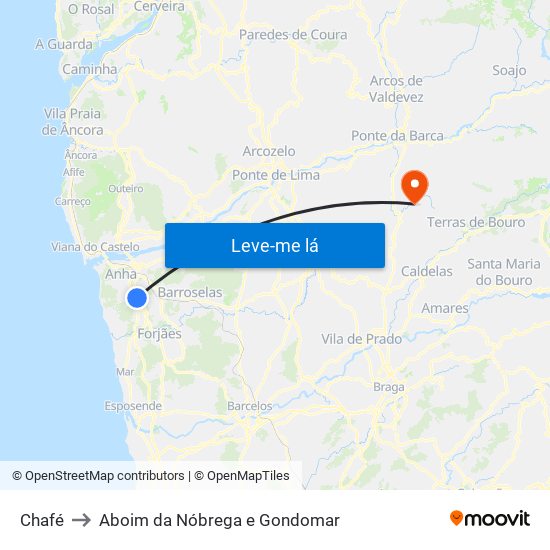 Chafé to Aboim da Nóbrega e Gondomar map