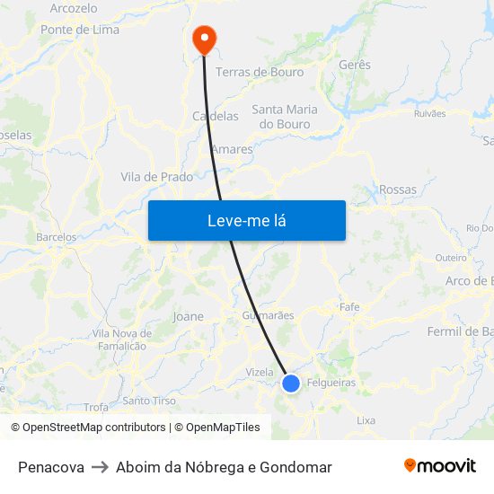 Penacova to Aboim da Nóbrega e Gondomar map