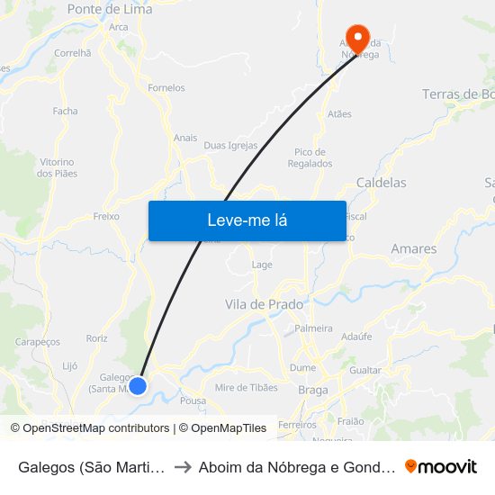 Galegos (São Martinho) to Aboim da Nóbrega e Gondomar map