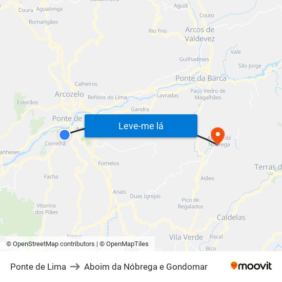 Ponte de Lima to Aboim da Nóbrega e Gondomar map