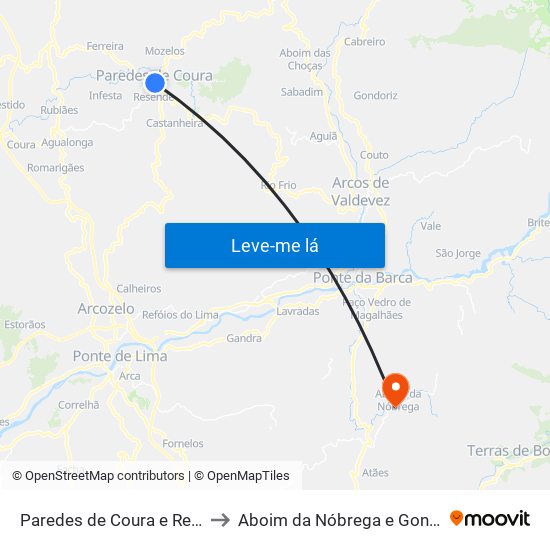 Paredes de Coura e Resende to Aboim da Nóbrega e Gondomar map