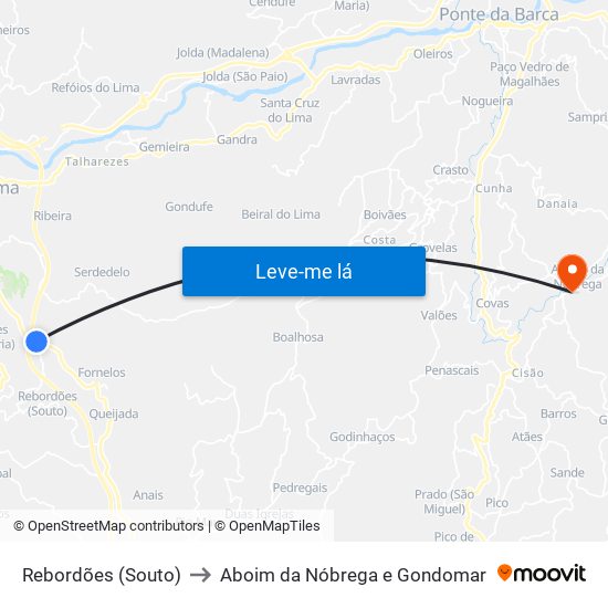 Rebordões (Souto) to Aboim da Nóbrega e Gondomar map