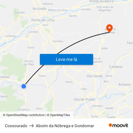 Cossourado to Aboim da Nóbrega e Gondomar map