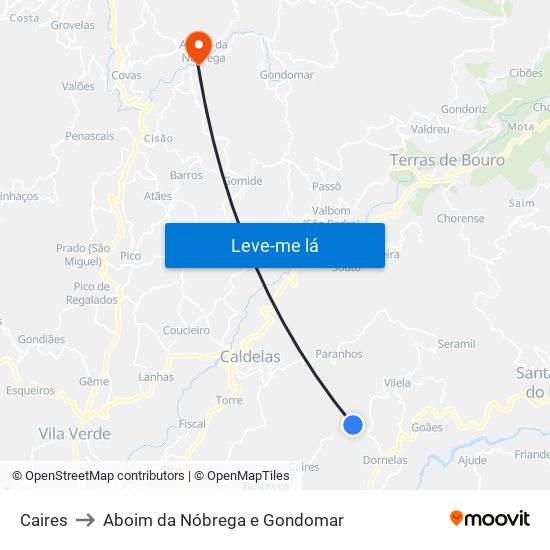 Caires to Aboim da Nóbrega e Gondomar map