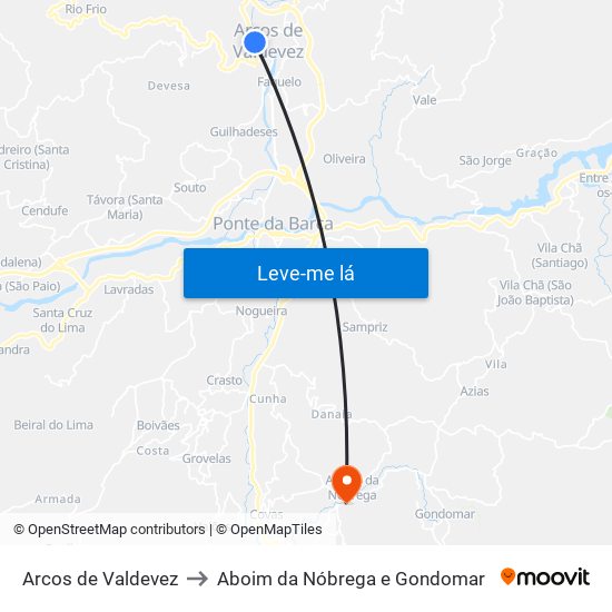 Arcos de Valdevez to Aboim da Nóbrega e Gondomar map