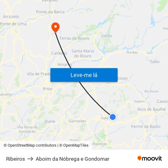 Ribeiros to Aboim da Nóbrega e Gondomar map