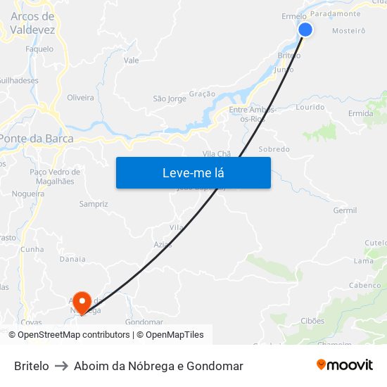 Britelo to Aboim da Nóbrega e Gondomar map