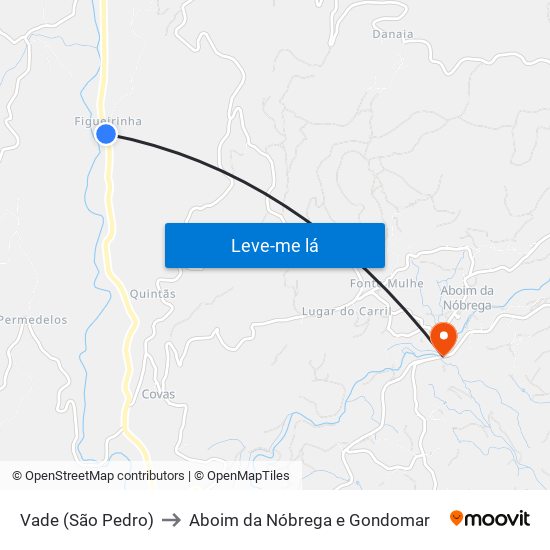 Vade (São Pedro) to Aboim da Nóbrega e Gondomar map