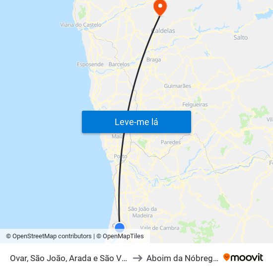 Ovar, São João, Arada e São Vicente de Pereira Jusã to Aboim da Nóbrega e Gondomar map