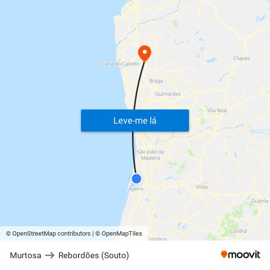 Murtosa to Rebordões (Souto) map
