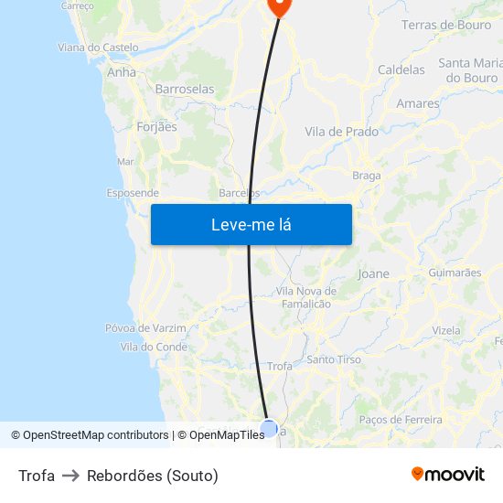 Trofa to Rebordões (Souto) map