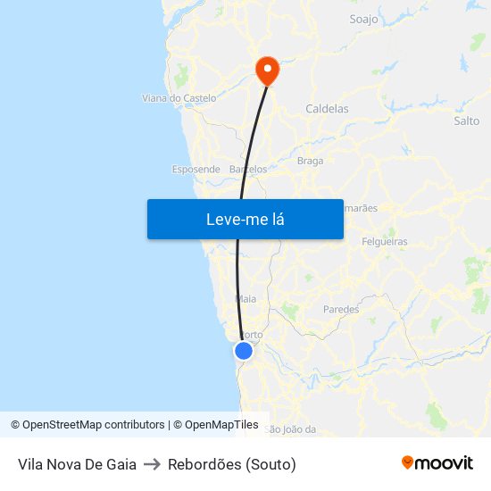 Vila Nova De Gaia to Rebordões (Souto) map
