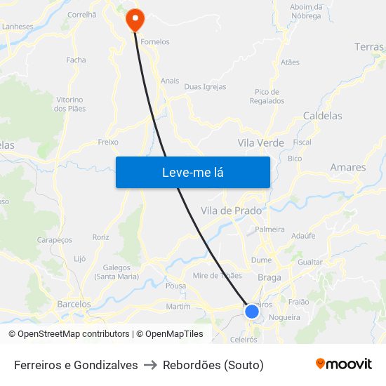 Ferreiros e Gondizalves to Rebordões (Souto) map