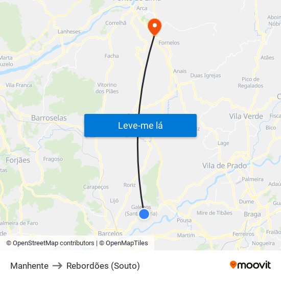 Manhente to Rebordões (Souto) map