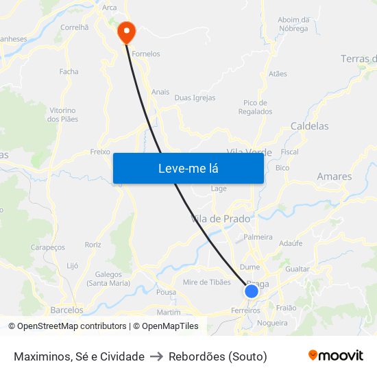 Maximinos, Sé e Cividade to Rebordões (Souto) map