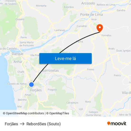 Forjães to Rebordões (Souto) map