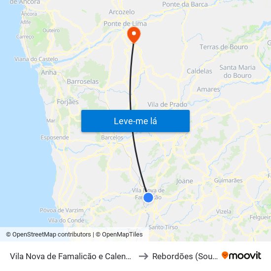 Vila Nova de Famalicão e Calendário to Rebordões (Souto) map