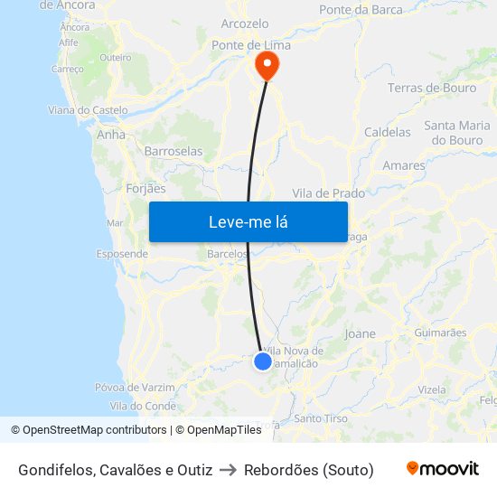 Gondifelos, Cavalões e Outiz to Rebordões (Souto) map
