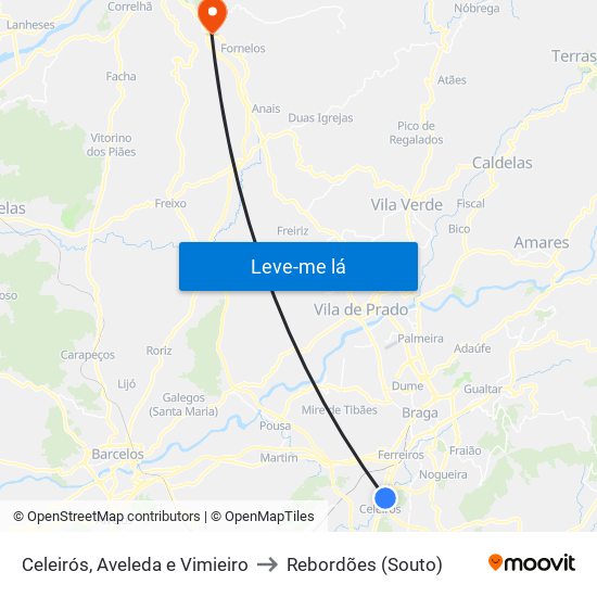 Celeirós, Aveleda e Vimieiro to Rebordões (Souto) map