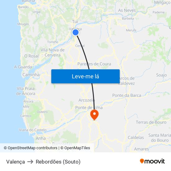 Valença to Rebordões (Souto) map