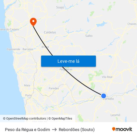 Peso da Régua e Godim to Rebordões (Souto) map