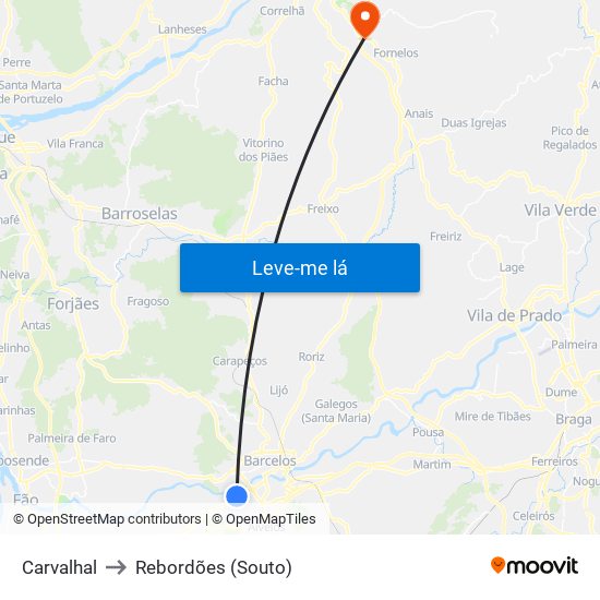 Carvalhal to Rebordões (Souto) map