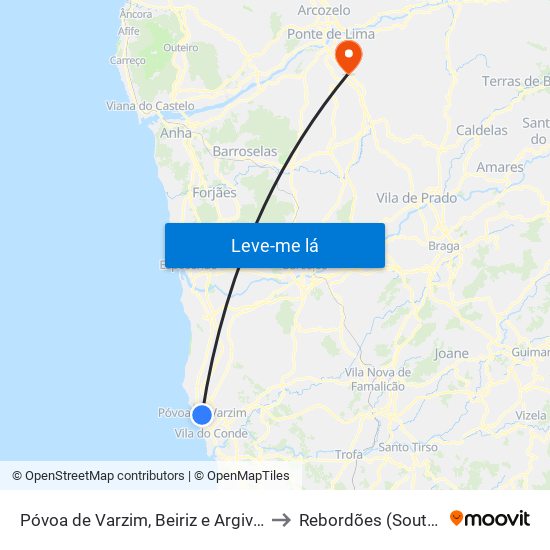 Póvoa de Varzim, Beiriz e Argivai to Rebordões (Souto) map