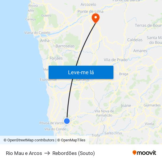 Rio Mau e Arcos to Rebordões (Souto) map