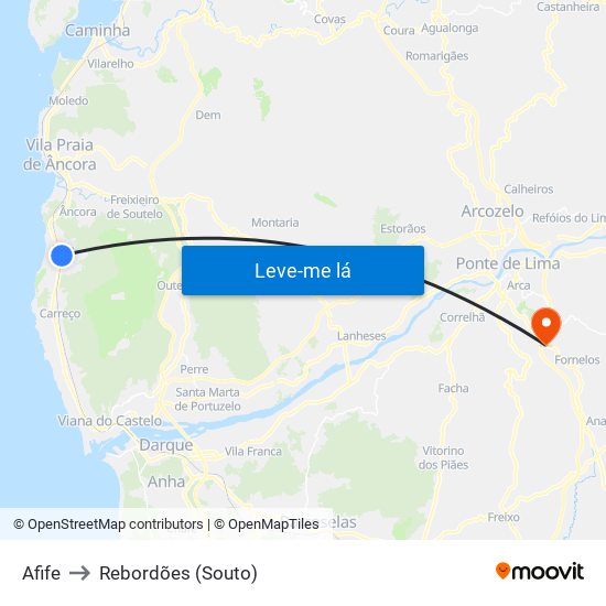 Afife to Rebordões (Souto) map