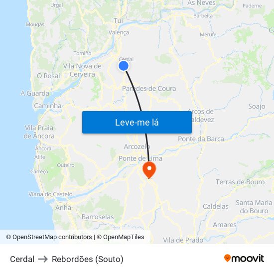 Cerdal to Rebordões (Souto) map