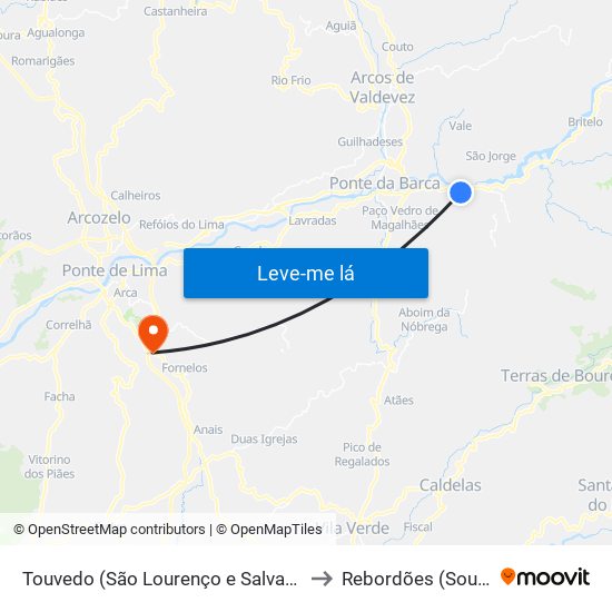 Touvedo (São Lourenço e Salvador) to Rebordões (Souto) map