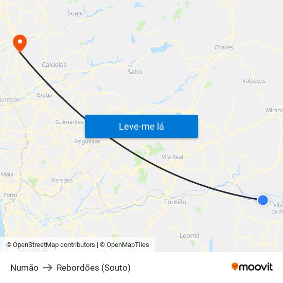 Numão to Rebordões (Souto) map