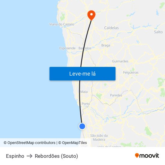 Espinho to Rebordões (Souto) map