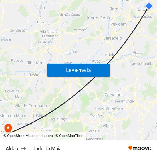 Aldão to Cidade da Maia map