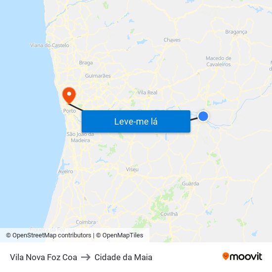 Vila Nova Foz Coa to Cidade da Maia map