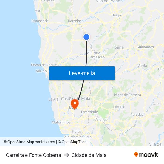 Carreira e Fonte Coberta to Cidade da Maia map