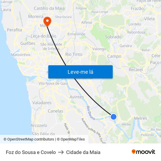 Foz do Sousa e Covelo to Cidade da Maia map