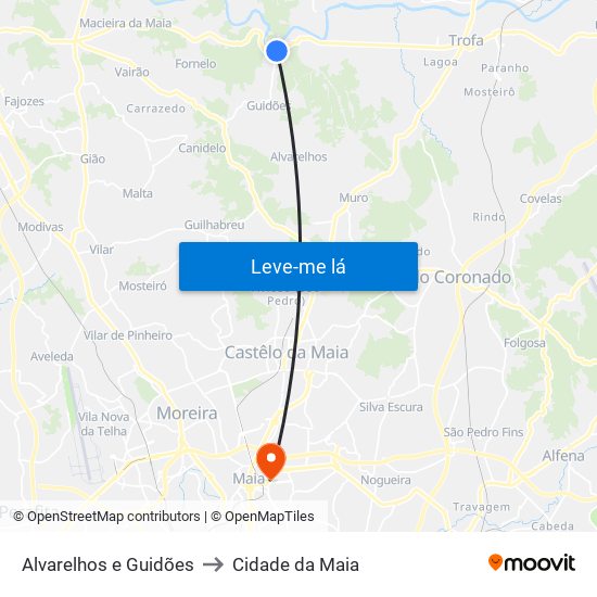 Alvarelhos e Guidões to Cidade da Maia map