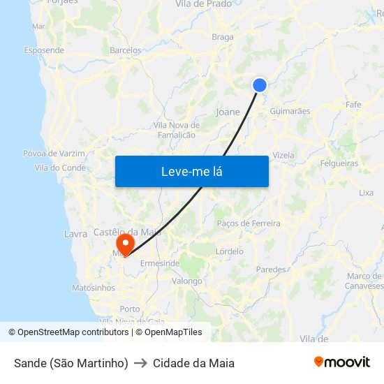 Sande (São Martinho) to Cidade da Maia map