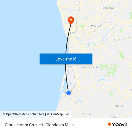 Glória e Vera Cruz to Cidade da Maia map