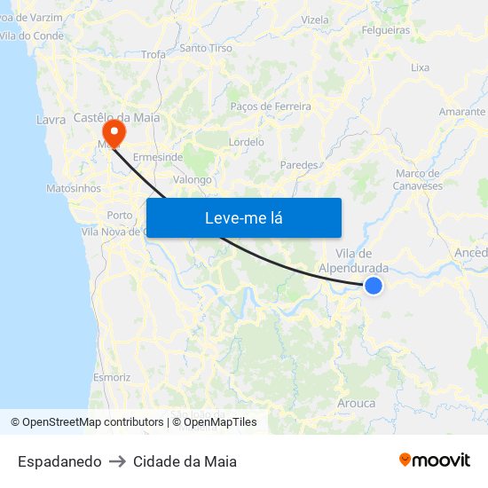 Espadanedo to Cidade da Maia map
