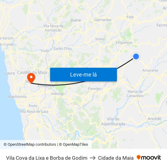 Vila Cova da Lixa e Borba de Godim to Cidade da Maia map