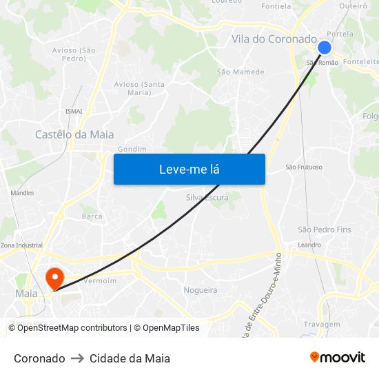 Coronado to Cidade da Maia map