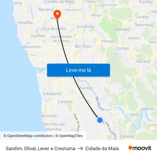 Sandim, Olival, Lever e Crestuma to Cidade da Maia map