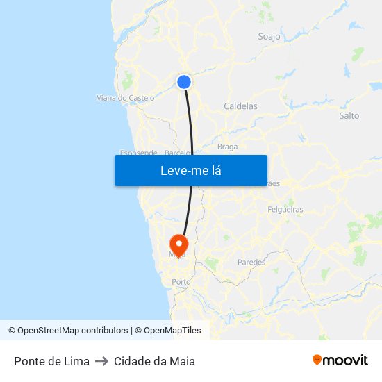 Ponte de Lima to Cidade da Maia map